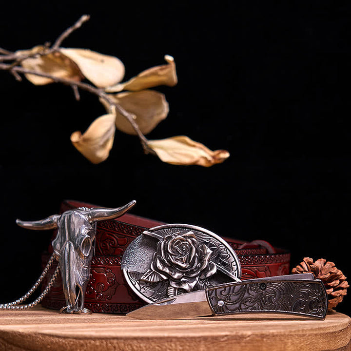 Western Gadget DIY Versteckte Messerschnalle Longhorn Bull Anhänger Bundle Set - Rose - Brauner geschnitzter Gürtel - 40 - image 25