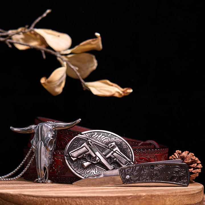 Western Gadget DIY Versteckte Messerschnalle Longhorn Bull Anhänger Bundle Set - Doppelpistolen - Brauner geschnitzter Gürtel - 40 - image 49