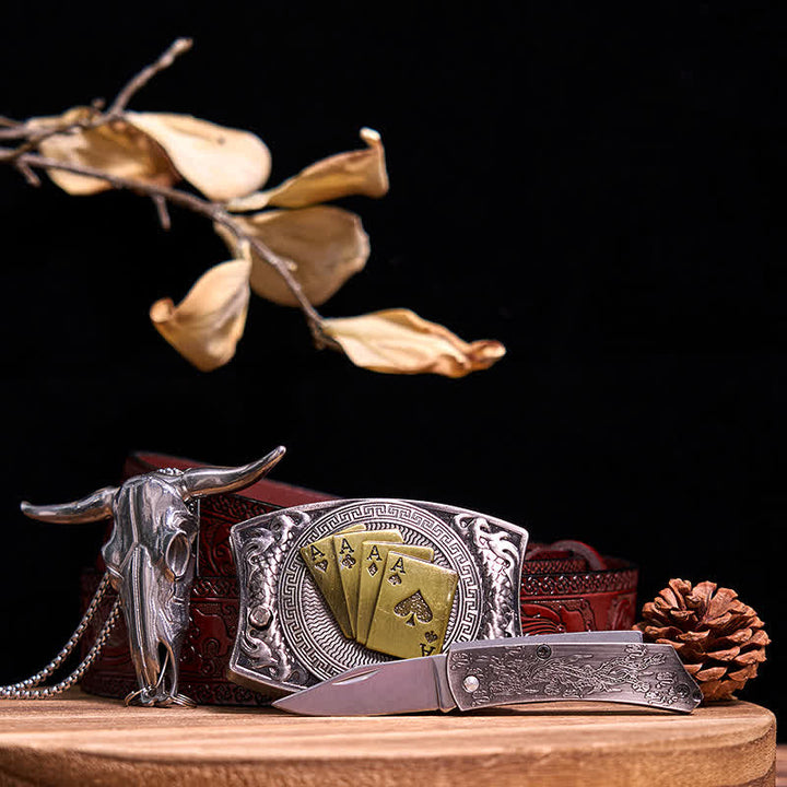 Western Gadget DIY Versteckte Messerschnalle Longhorn Bull Anhänger Bundle Set - Gold Poker - Brauner geschnitzter Gürtel - 40 - image 76
