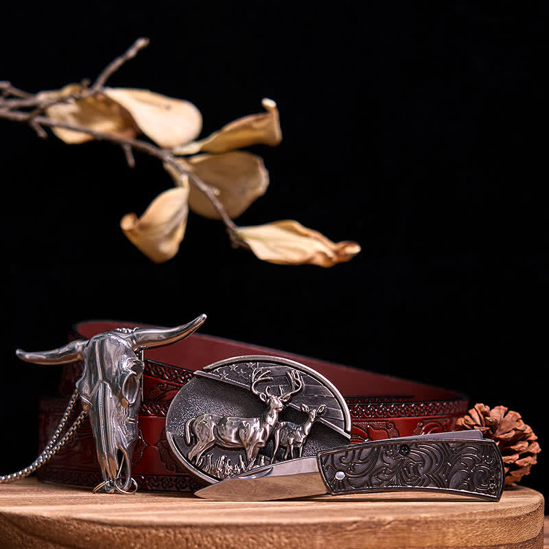 Western Gadget DIY Versteckte Messerschnalle Longhorn Bull Anhänger Bundle Set - Doppelhirsche - Brauner geschnitzter Gürtel - 40 - image 13
