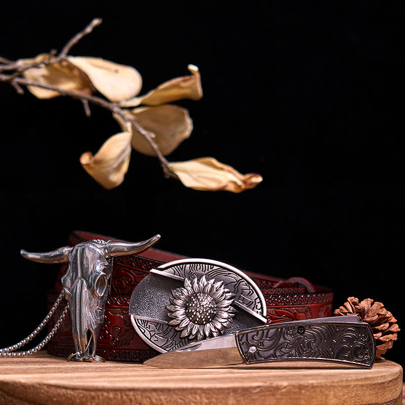Western Gadget DIY Versteckte Messerschnalle Longhorn Bull Anhänger Bundle Set - Sonnenblume - Brauner geschnitzter Gürtel - 40 - image 7