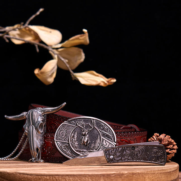 Western Gadget DIY Versteckte Messerschnalle Longhorn Bull Anhänger Bundle Set - Reh - Brauner geschnitzter Gürtel - 40 - image 19
