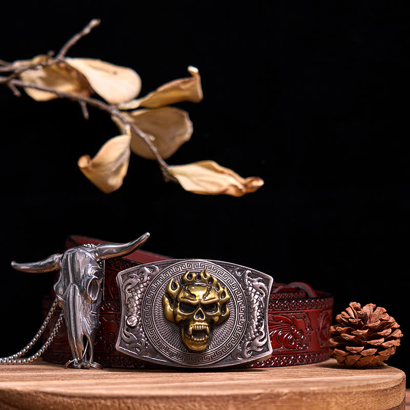 Western Gadget DIY Versteckte Messerschnalle Longhorn Bull Anhänger Bundle Set - Goldener Totenkopf - Brauner geschnitzter Gürtel - 40 - image 70