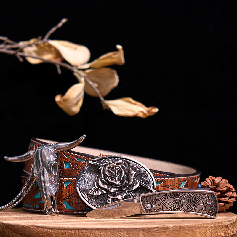 Western Gadget DIY Versteckte Messerschnalle Longhorn Bull Anhänger Bundle Set - Rose - Türkisfarbener geschnitzter Gürtel - 40 - image 22