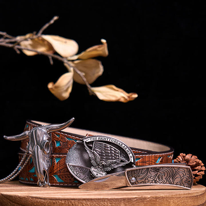 Western Gadget DIY Versteckte Messerschnalle Longhorn Bull Anhänger Bundle Set - Adler - Türkisfarbener geschnitzter Gürtel - 40 - image 28