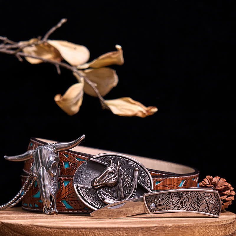 Western Gadget DIY Versteckte Messerschnalle Longhorn Bull Anhänger Bundle Set - Pferd - Türkisfarbener geschnitzter Gürtel - 40 - image 40