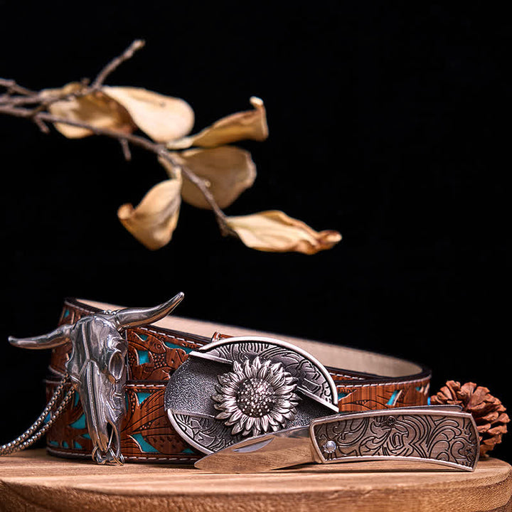Western Gadget DIY Versteckte Messerschnalle Longhorn Bull Anhänger Bundle Set - Sonnenblume - Türkisfarbener geschnitzter Gürtel - 40 - image 4