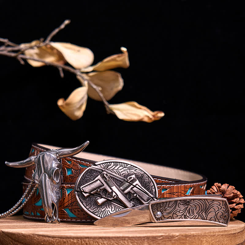 Western Gadget DIY Versteckte Messerschnalle Longhorn Bull Anhänger Bundle Set - Doppelpistolen - Türkisfarbener geschnitzter Gürtel - 40 - image 46