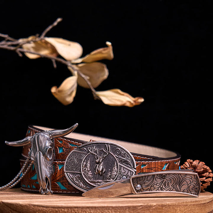 Western Gadget DIY Versteckte Messerschnalle Longhorn Bull Anhänger Bundle Set - Reh - Türkisfarbener geschnitzter Gürtel - 40 - image 16