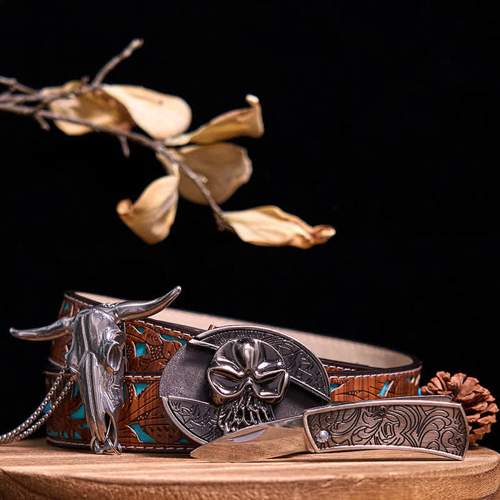Western Gadget DIY Versteckte Messerschnalle Longhorn Bull Anhänger Bundle Set - Schädel - Türkisfarbener geschnitzter Gürtel - 40 - image 60