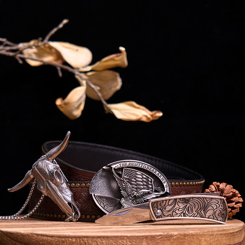 Western Gadget DIY Versteckte Messerschnalle Longhorn Bull Anhänger Bundle Set - Adler - Brauner Nietengürtel - 40 - image 29