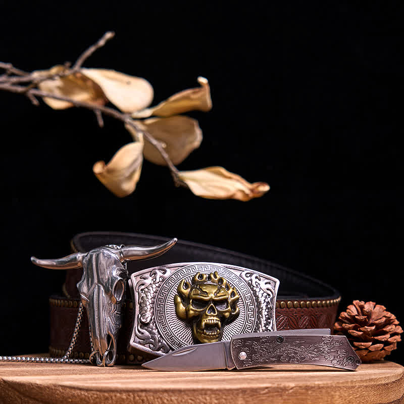 Western Gadget DIY Versteckte Messerschnalle Longhorn Bull Anhänger Bundle Set - Goldener Totenkopf - Brauner Nietengürtel - 40 - image 68