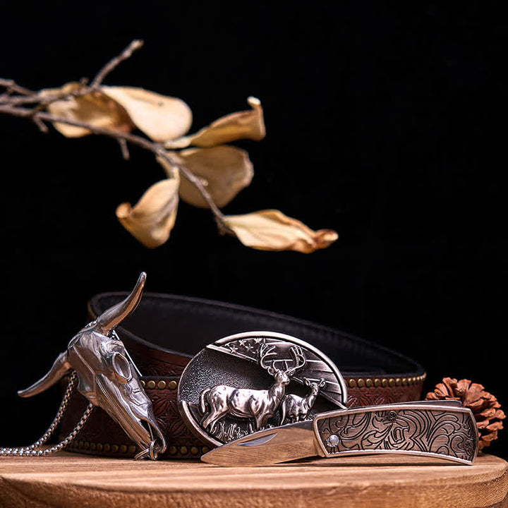 Western Gadget DIY Versteckte Messerschnalle Longhorn Bull Anhänger Bundle Set - Doppelhirsche - Brauner Nietengürtel - 40 - image 11