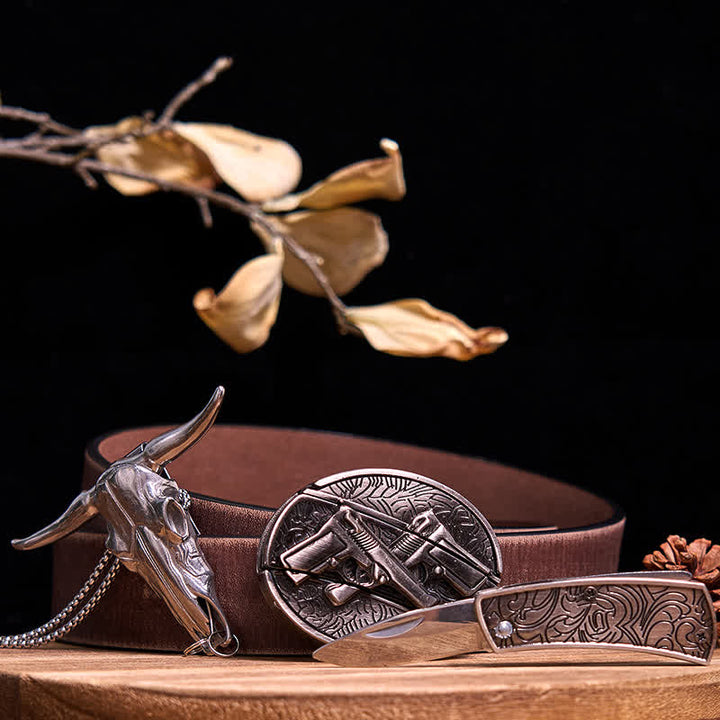 Western Gadget DIY Versteckte Messerschnalle Longhorn Bull Anhänger Bundle Set - Doppelpistolen - Brauner Distressed-Gürtel - 40 - image 48