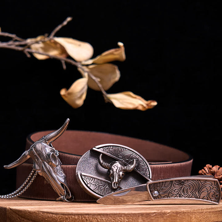 Western Gadget DIY Versteckte Messerschnalle Longhorn Bull Anhänger Bundle Set - Stier - Brauner Distressed-Gürtel - 40 - image 36