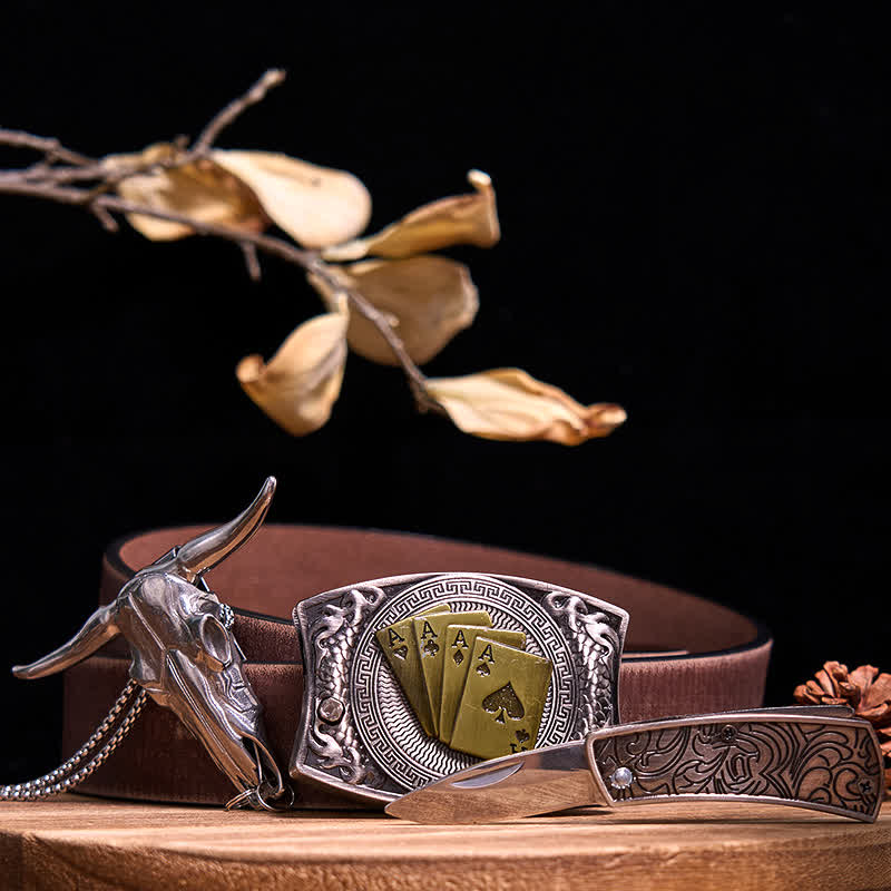 Western Gadget DIY Versteckte Messerschnalle Longhorn Bull Anhänger Bundle Set - Gold Poker - Brauner Distressed-Gürtel - 40 - image 75
