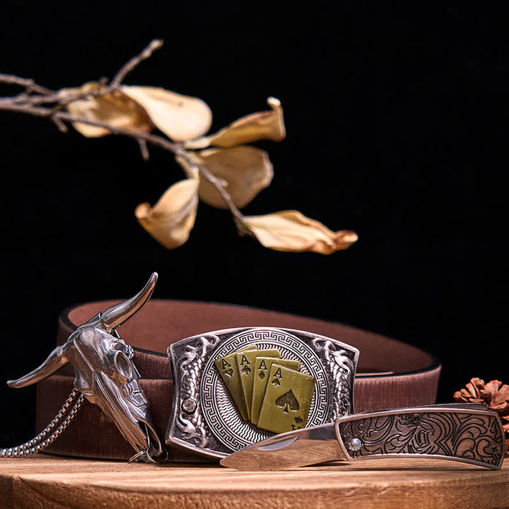 Western Gadget DIY Versteckte Messerschnalle Longhorn Bull Anhänger Bundle Set - Gold Poker - Brauner Distressed-Gürtel - 40 - image 75