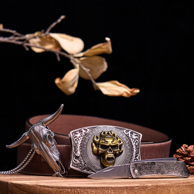 Western Gadget DIY Versteckte Messerschnalle Longhorn Bull Anhänger Bundle Set - Goldener Totenkopf - Brauner Distressed-Gürtel - 40 - image 69