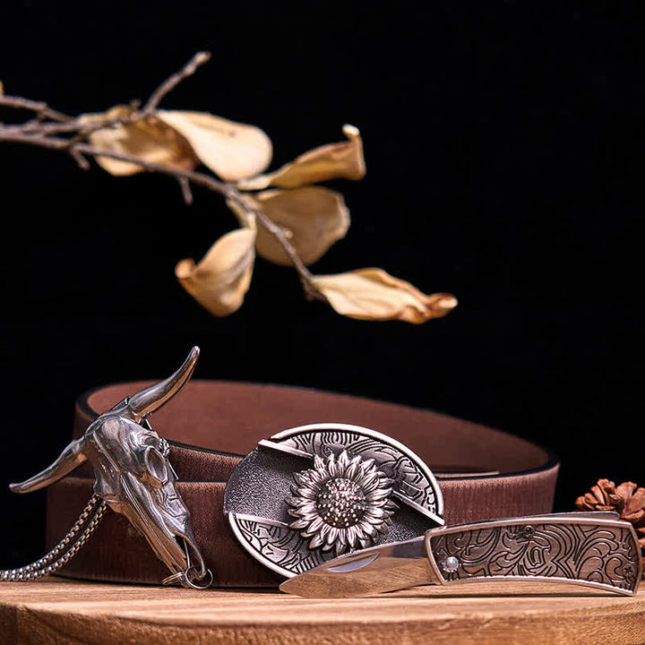 Western Gadget DIY Versteckte Messerschnalle Longhorn Bull Anhänger Bundle Set - Sonnenblume - Brauner Distressed-Gürtel - 40 - image 6
