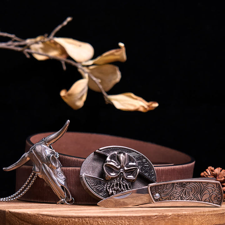 Western Gadget DIY Versteckte Messerschnalle Longhorn Bull Anhänger Bundle Set - Schädel - Brauner Distressed-Gürtel - 40 - image 62