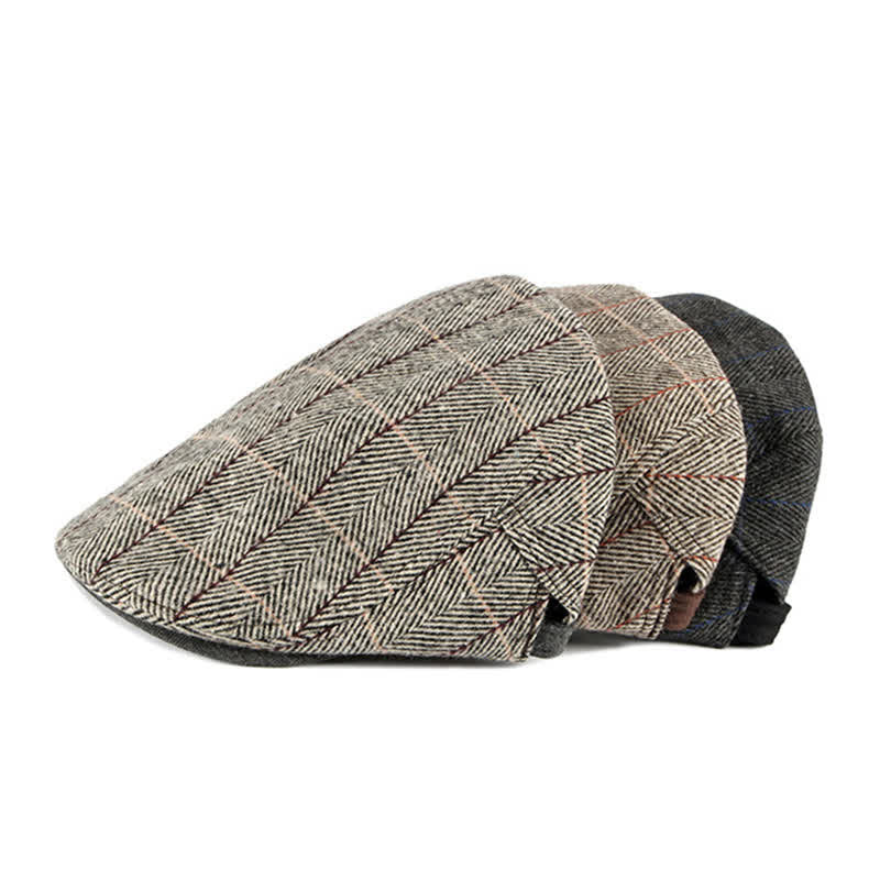 Flache Baskenmütze aus Baumwolle im Vintage-Stil mit Fischgrätenmuster im Gatsby-Stil