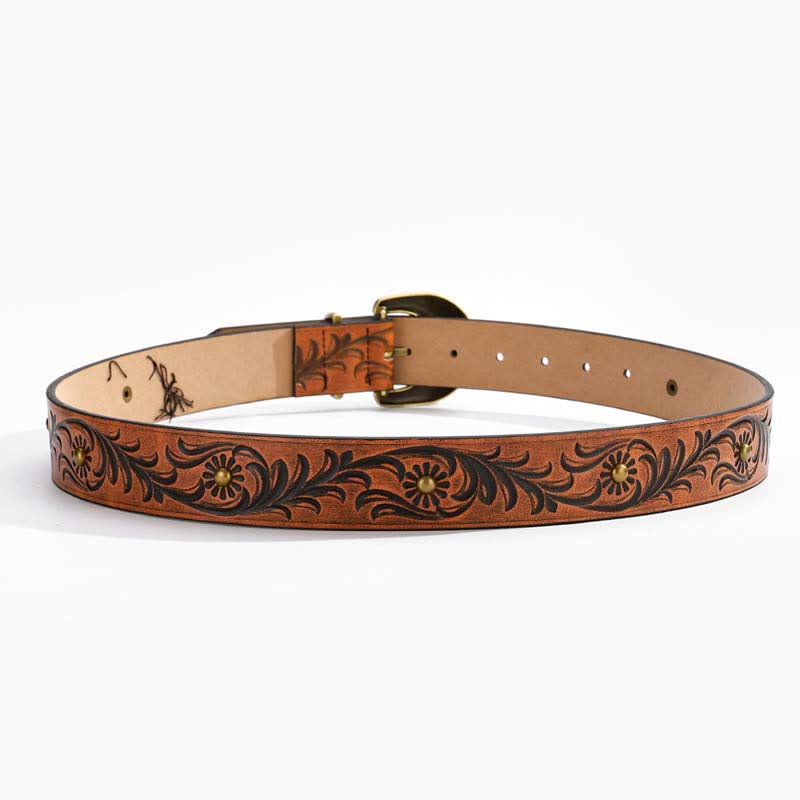 Brauner Ledergürtel mit Gänseblümchen-Blumenmuster und bronzefarbenen Nieten