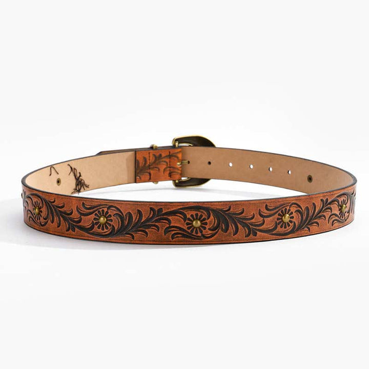 Brauner Ledergürtel mit Gänseblümchen-Blumenmuster und bronzefarbenen Nieten