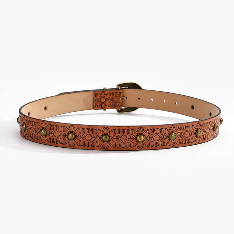 Eleganter Ledergürtel mit Blumendruck und bronzefarbenen Nieten