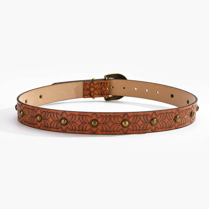 Eleganter Ledergürtel mit Blumendruck und bronzefarbenen Nieten