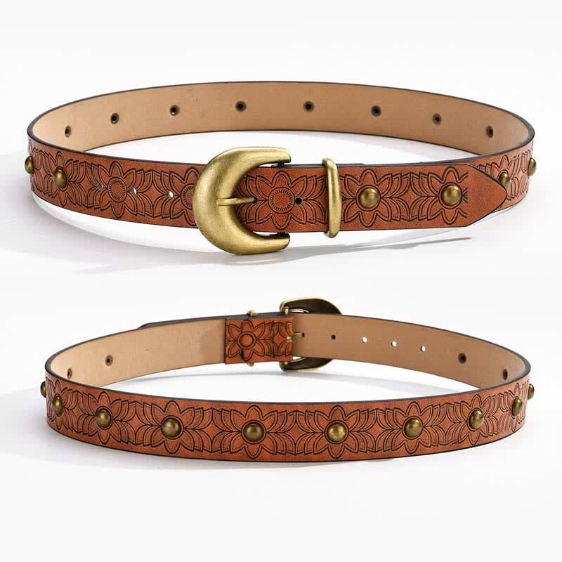 Eleganter Ledergürtel mit Blumendruck und bronzefarbenen Nieten