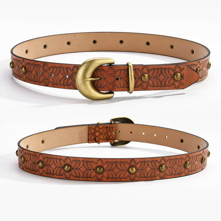 Eleganter Ledergürtel mit Blumendruck und bronzefarbenen Nieten
