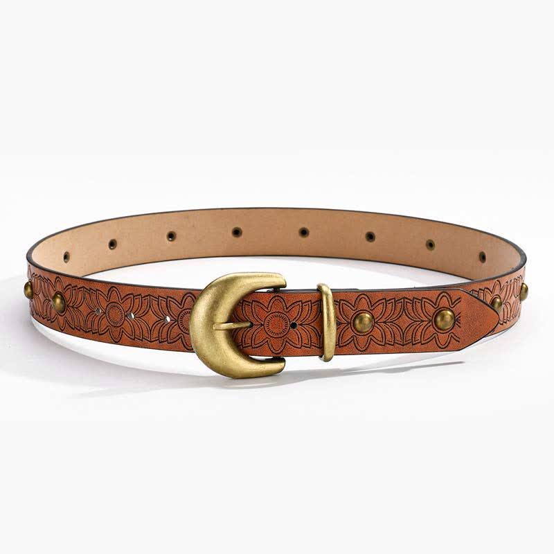 Eleganter Ledergürtel mit Blumendruck und bronzefarbenen Nieten
