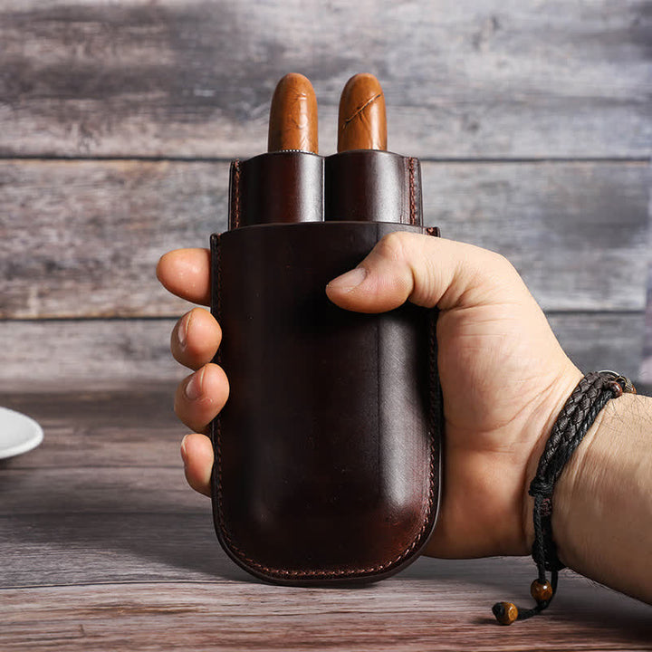 Braunes tragbares Zigarren-Humidor-Zigarrenetui aus Leder (für zwei Zigarren)