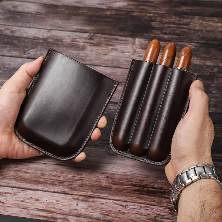 Braunes tragbares Zigarren-Humidor-Zigarrenetui aus Leder (für drei Zigarren) - image 0