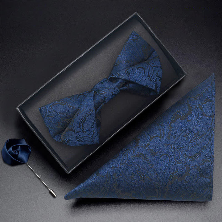 3-teiliges Herren-Set mit Fliege und Paisleymuster in Marineblau mit Anstecknadel