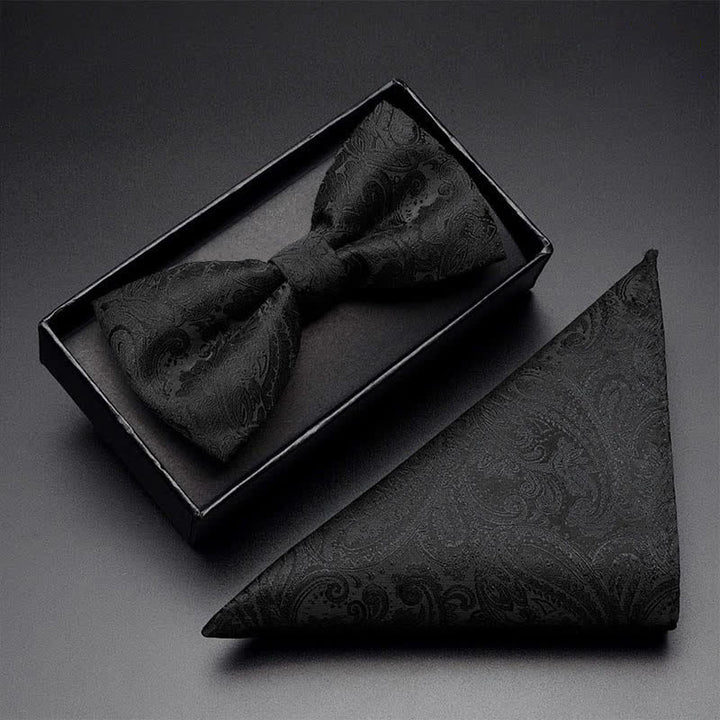 3-teiliges schwarzes Paisley-Ansteckblumen-Fliegenset für Herren