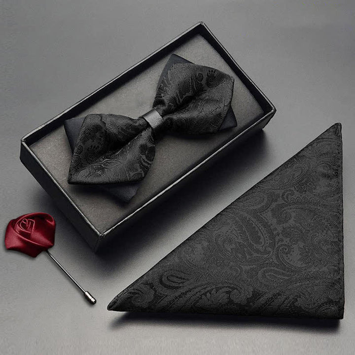 3-teiliges schwarzes Paisley-Ansteckblumen-Fliegenset für Herren