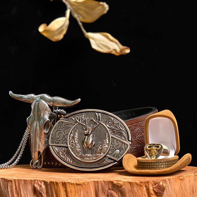 Hirsch DIY verstecktes Messer Gürtelschnalle Longhorn Bull Anhänger Ring Bundle Set - Reh - Brauner Nietengürtel - 42 - image 8