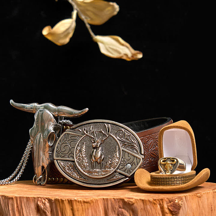 Hirsch DIY verstecktes Messer Gürtelschnalle Longhorn Bull Anhänger Ring Bundle Set - Reh - Brauner Nietengürtel - 42 - image 8