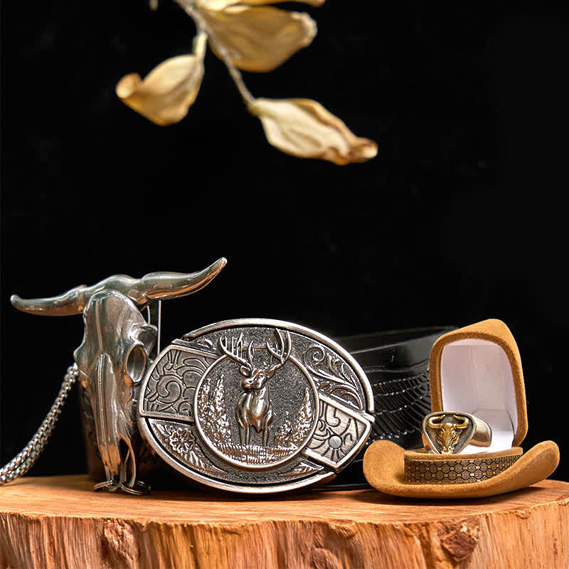 Hirsch DIY verstecktes Messer Gürtelschnalle Longhorn Bull Anhänger Ring Bundle Set - Reh - Schwarzer Gürtel mit geprägtem Adler - 42 - image 0