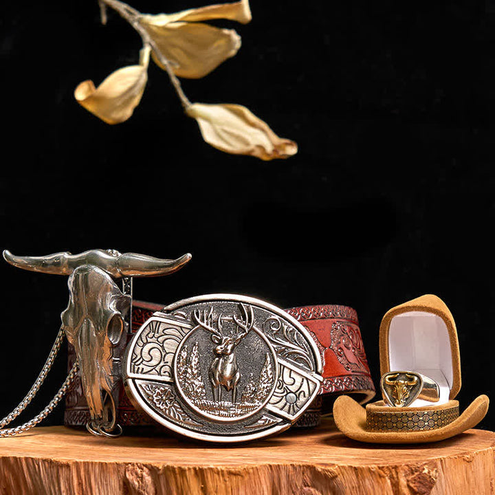 Hirsch DIY verstecktes Messer Gürtelschnalle Longhorn Bull Anhänger Ring Bundle Set - Reh - Brauner geschnitzter Gürtel - 42 - image 10