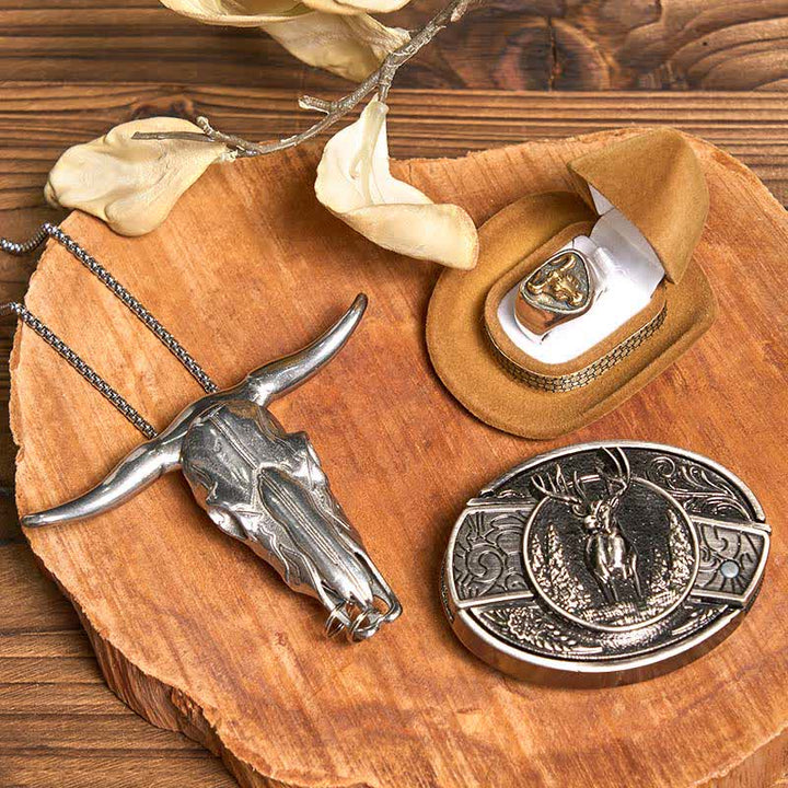 Hirsch DIY verstecktes Messer Gürtelschnalle Longhorn Bull Anhänger Ring Bundle Set