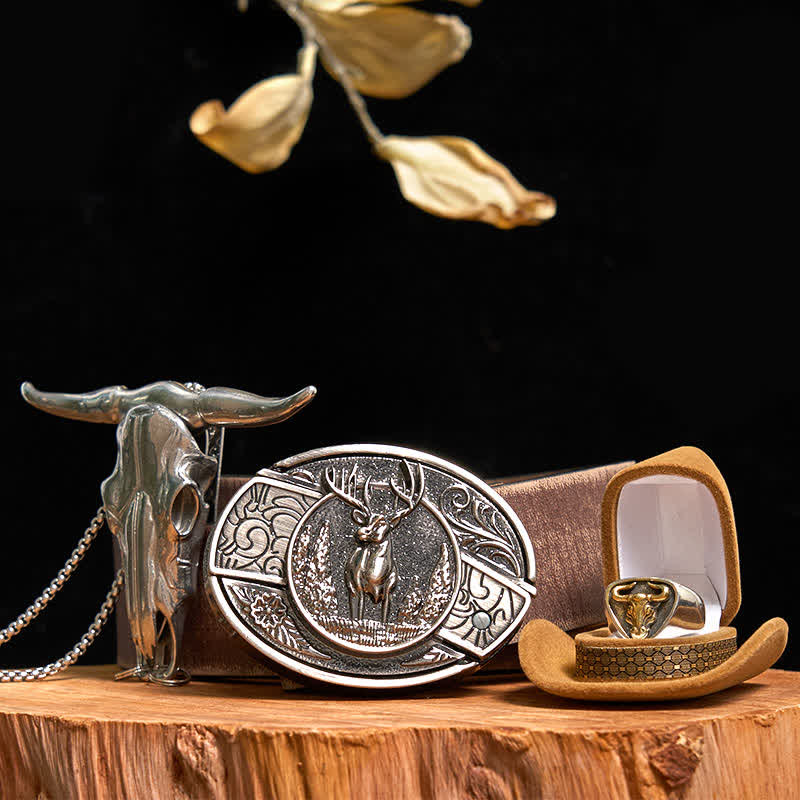 Hirsch DIY verstecktes Messer Gürtelschnalle Longhorn Bull Anhänger Ring Bundle Set - Reh - Brauner Distressed-Gürtel - 42 - image 9