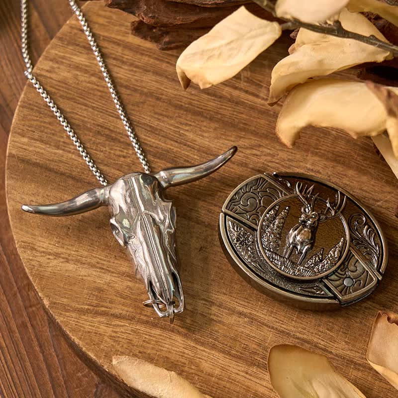 Hirsch DIY verstecktes Messer Gürtelschnalle Longhorn Bull Anhänger Ring Bundle Set