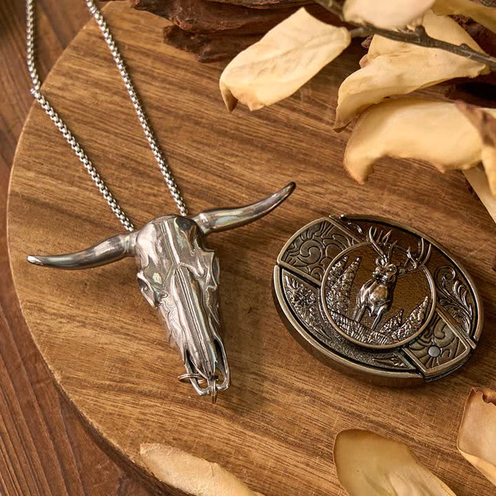 Hirsch DIY verstecktes Messer Gürtelschnalle Longhorn Bull Anhänger Ring Bundle Set