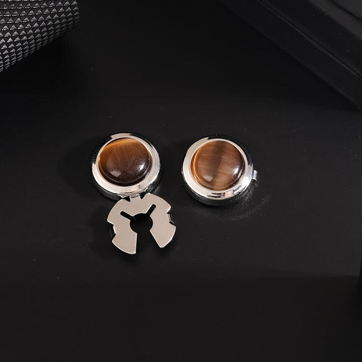 Manschettenknöpfe für Herren, 1 Paar, zum Aufstecken, mit Katzenaugen-Stein - Kaffee & Silber - image 4