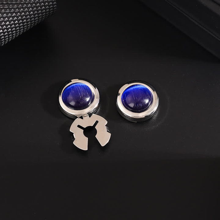 Manschettenknöpfe für Herren, 1 Paar, zum Aufstecken, mit Katzenaugen-Stein - Blau & Silber - image 2