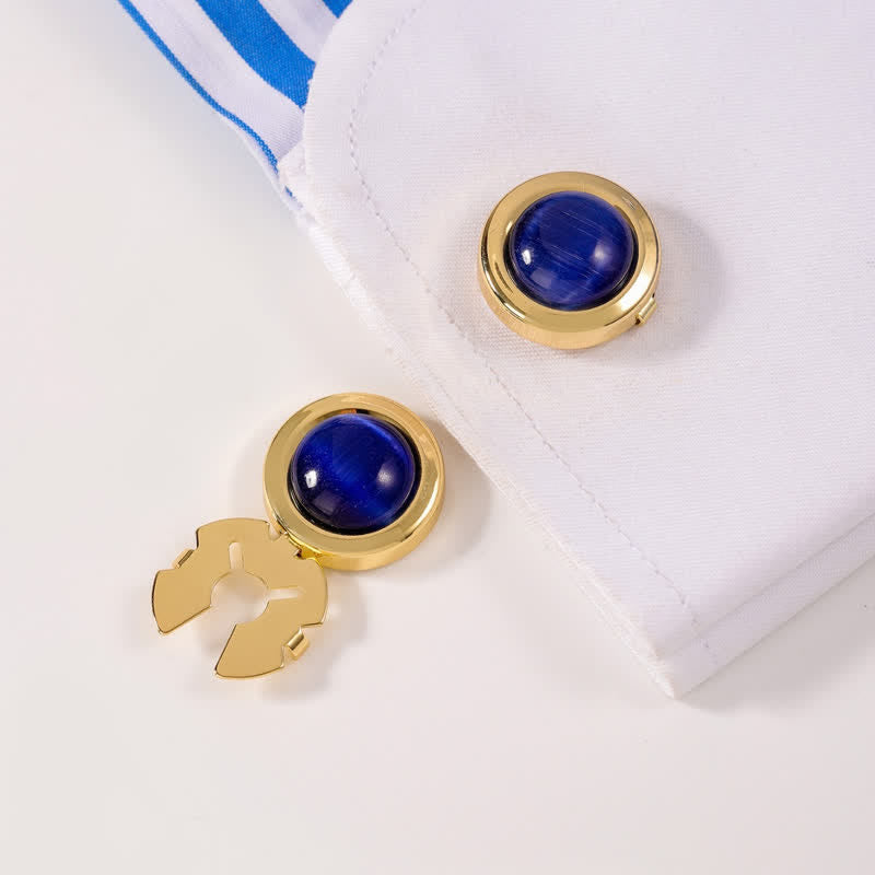 Manschettenknöpfe für Herren, 1 Paar, zum Aufstecken, mit Katzenaugen-Stein - Blau & Gold - image 1