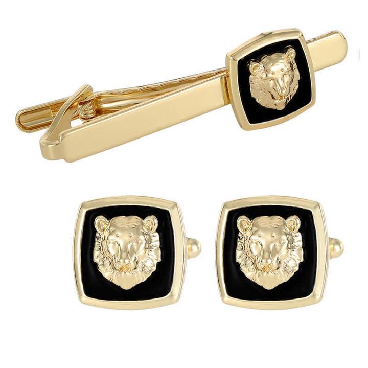 2-teiliges Set mit Krawattenklammern und Manschettenknöpfen in Tigerform für Herren in Schwarz und Gold - image 4