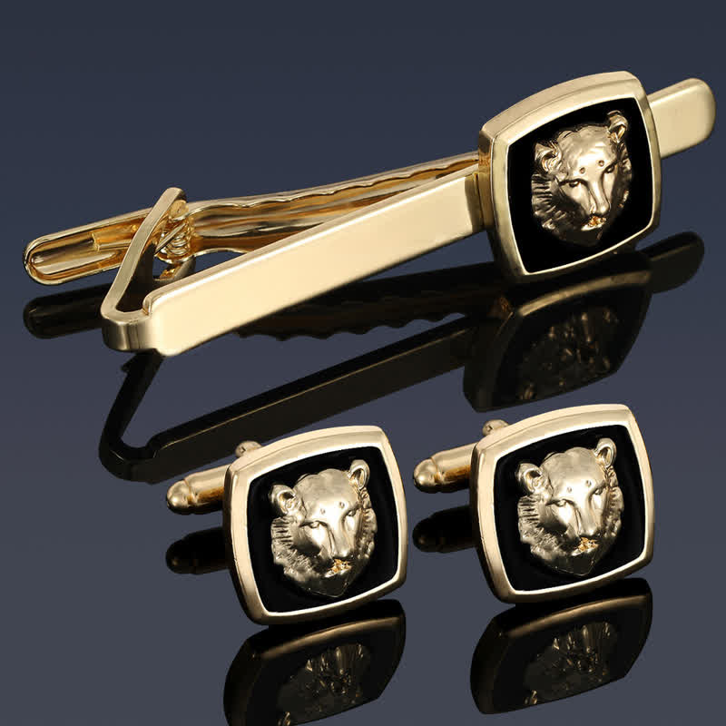 2-teiliges Set mit Krawattenklammern und Manschettenknöpfen in Tigerform für Herren in Schwarz und Gold - image 1
